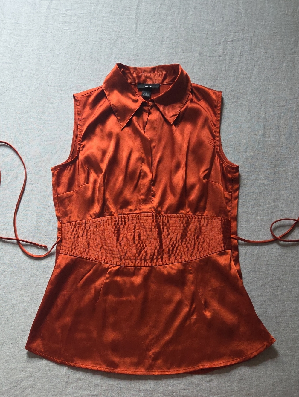 BCX Terracotta Satin Y2K Smocked Blouse